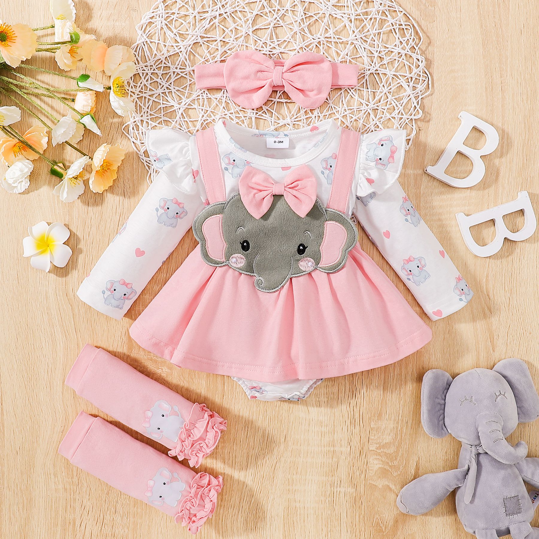 

3pcs Baby Girl 95% Cotton Long-sleeve Elephant Romper Dress Set