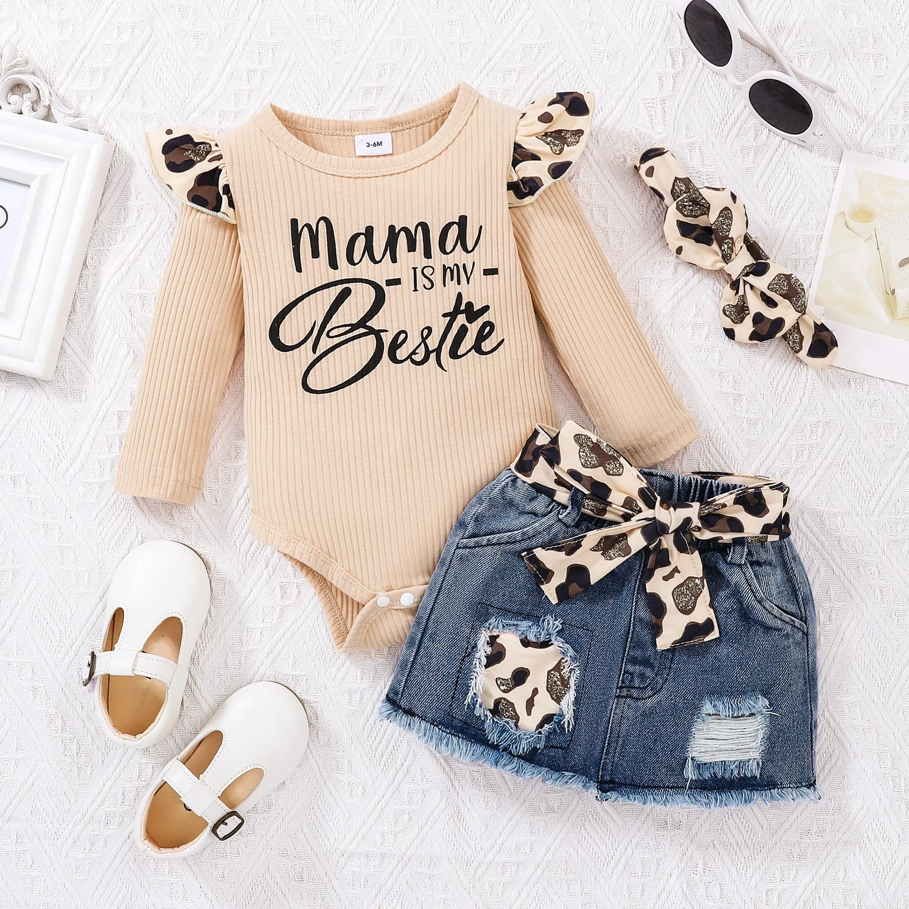 3pcs Baby Girl 100% Cotton Leopard Print Belted Ripped Denim Skirt and Letter Print Rib Knit Long-sleeve Romper with Headband Set Apricot brown big image 1