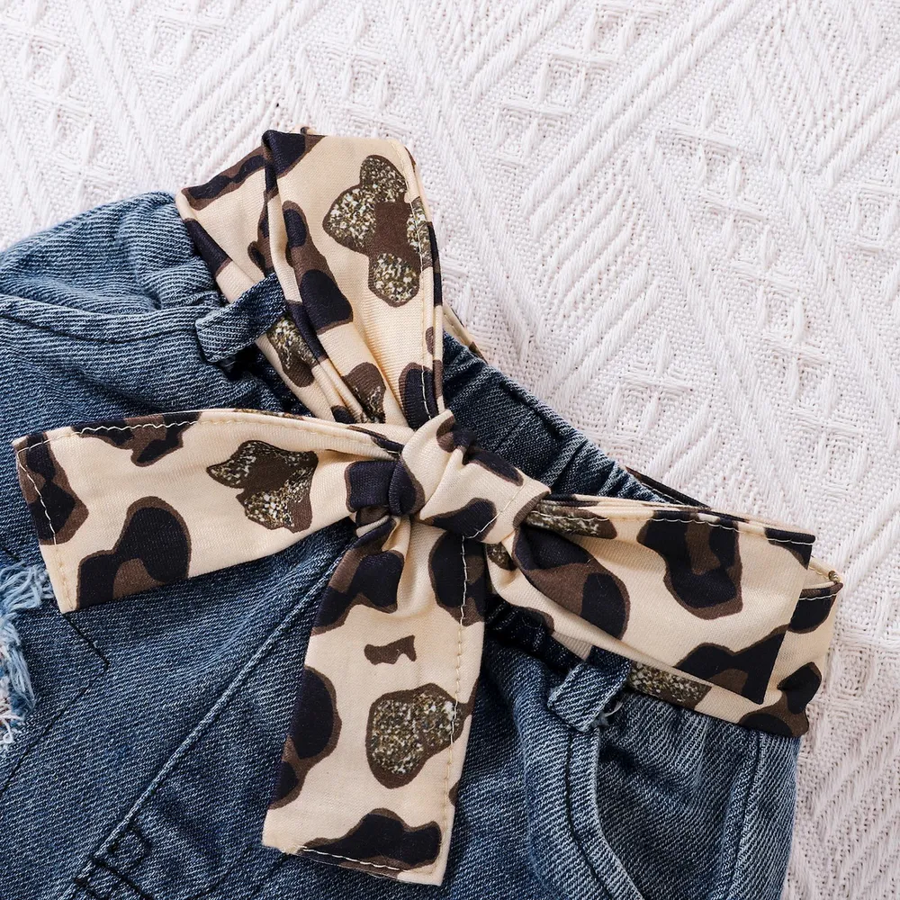 3pcs Baby Girl 100% Cotton Leopard Print Belted Ripped Denim Skirt and Letter Print Rib Knit Long-sleeve Romper with Headband Set big image 4