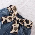 3pcs Baby Girl 100% Cotton Leopard Print Belted Ripped Denim Skirt and Letter Print Rib Knit Long-sleeve Romper with Headband Set  image 4