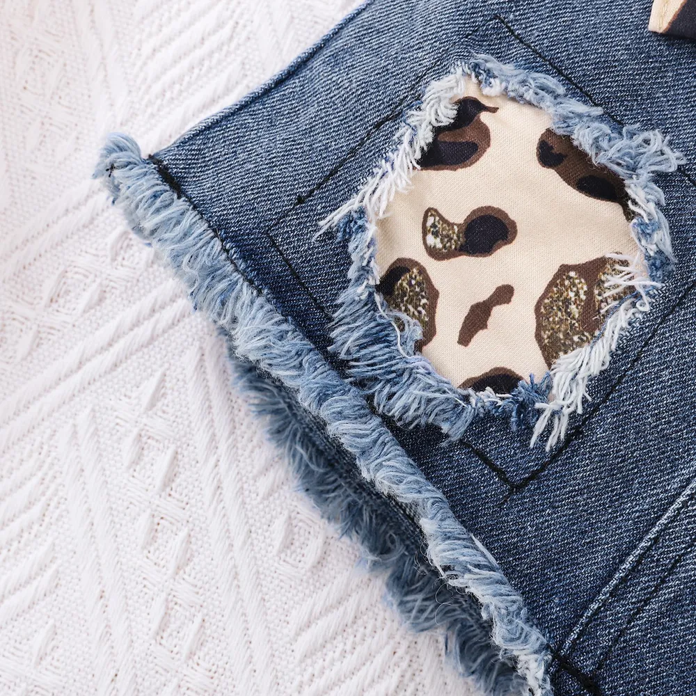 3pcs Baby Girl 100% Cotton Leopard Print Belted Ripped Denim Skirt and Letter Print Rib Knit Long-sleeve Romper with Headband Set big image 5