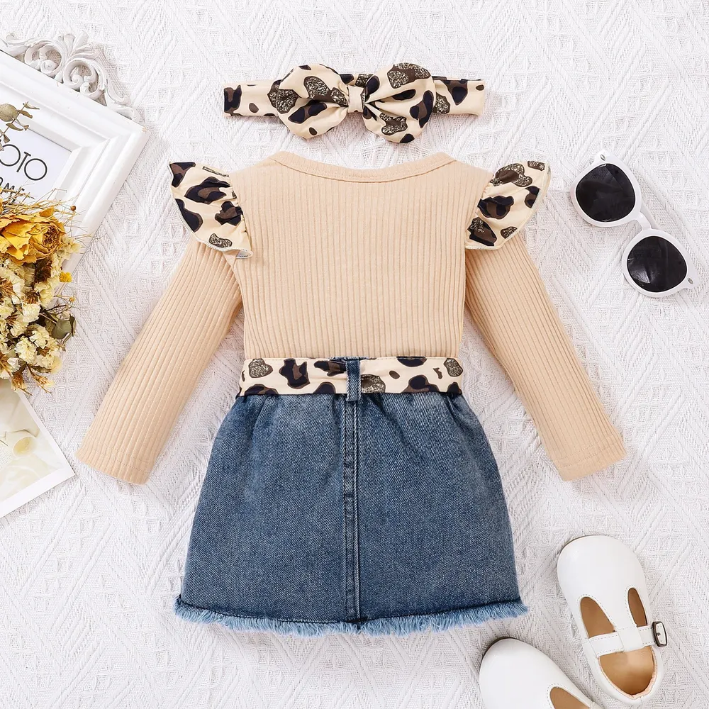 3pcs Baby Girl 100% Cotton Leopard Print Belted Ripped Denim Skirt and Letter Print Rib Knit Long-sleeve Romper with Headband Set big image 3