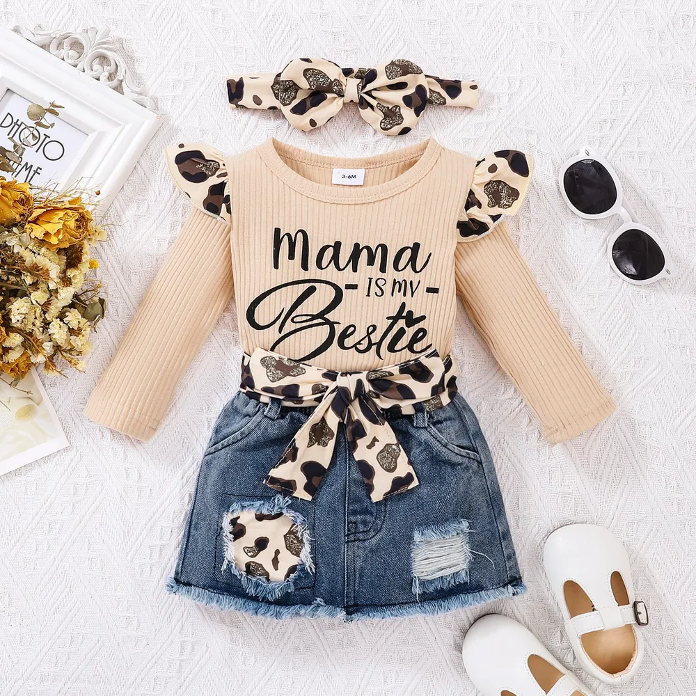 3pcs Baby Girl 100% Cotton Leopard Print Belted Ripped Denim Skirt and Letter Print Rib Knit Long-sleeve Romper with Headband Set big image 2