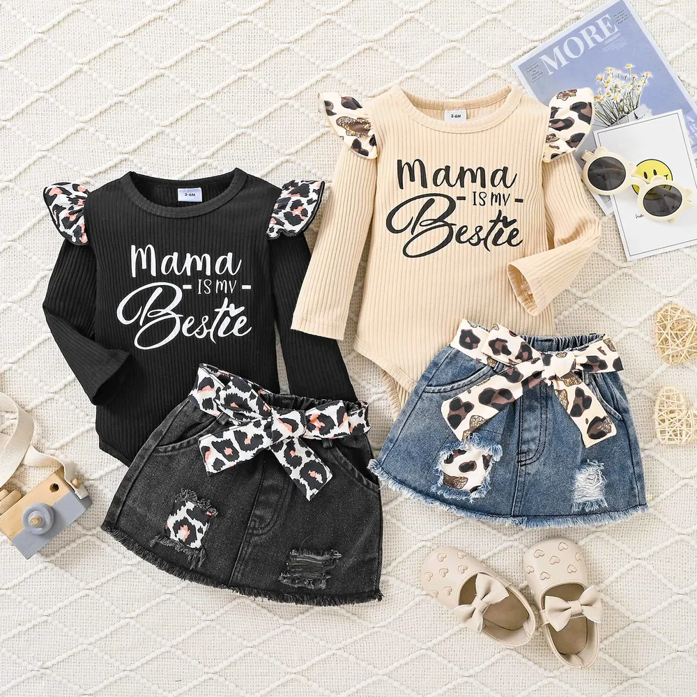 3pcs Baby Girl 100% Cotton Leopard Print Belted Ripped Denim Skirt and Letter Print Rib Knit Long-sleeve Romper with Headband Set big image 6