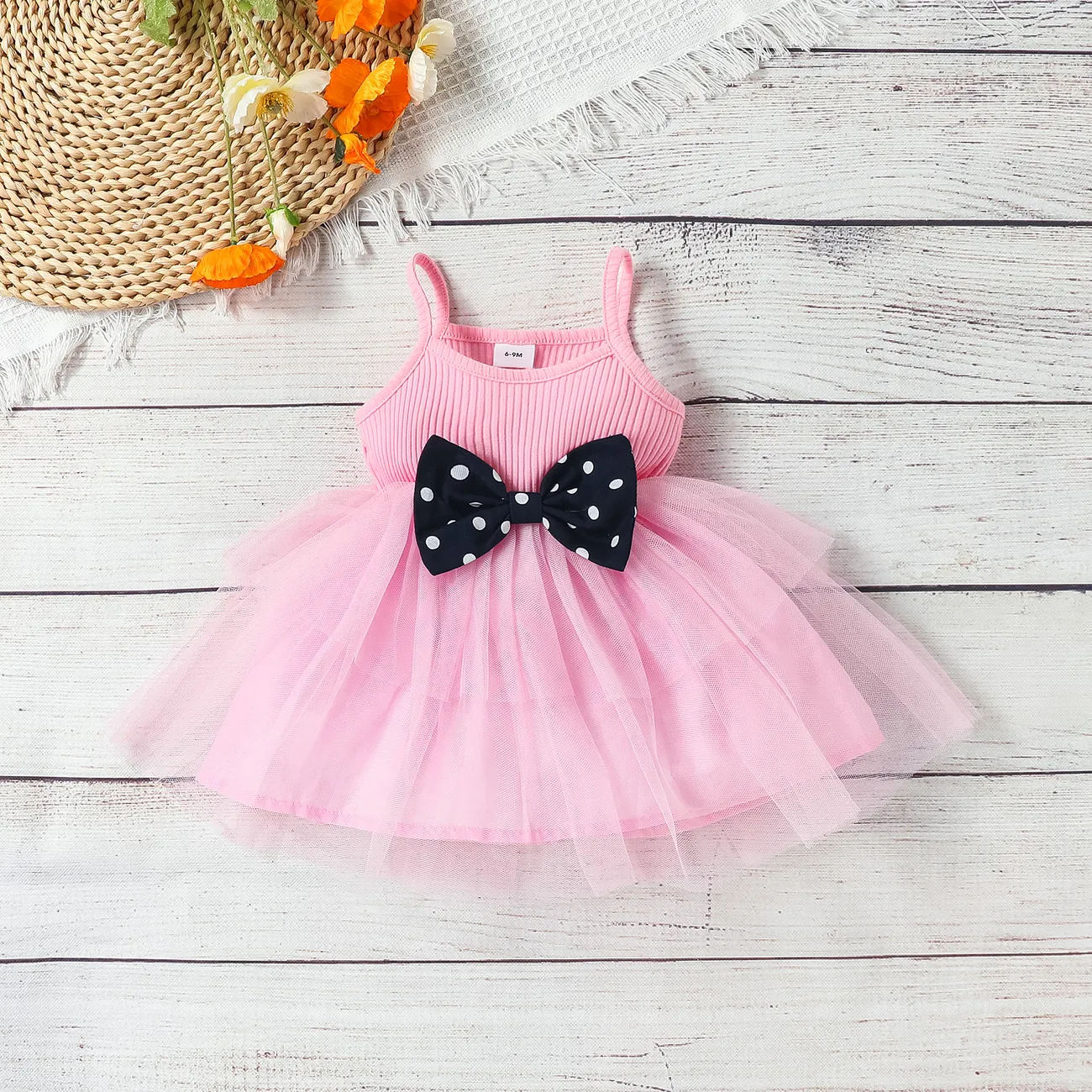 3pcs Baby Girl 100% Cotton Long-sleeve Polka Dots Crop Jacket and Rib Knit Spliced Mesh Cami Fairy Dress with Headband Set Pink big image 1