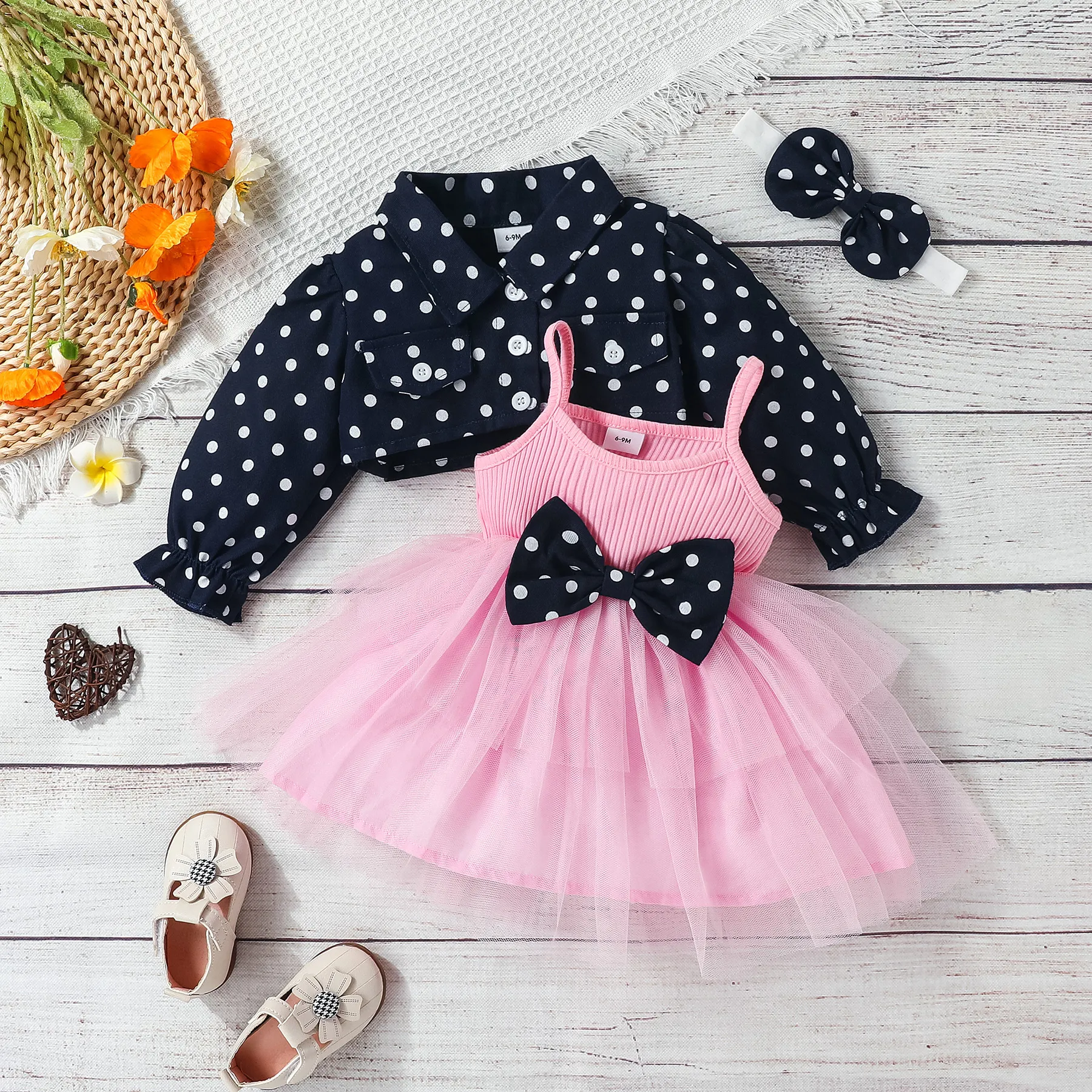 3pcs Baby Girl 100% Cotton Long-sleeve Polka Dots Crop Jacket And Rib Knit Spliced Mesh Cami Fairy Dress With Headband Set