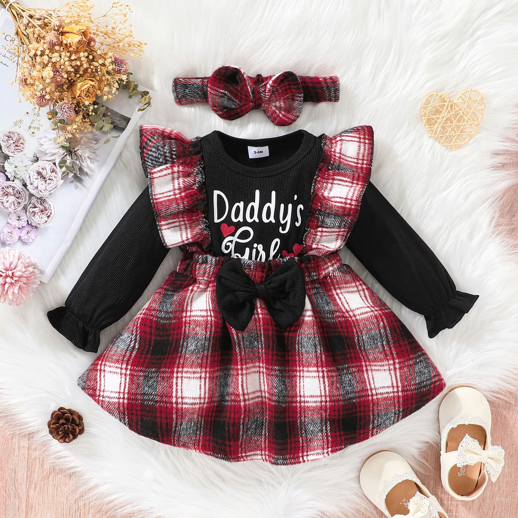 

2pcs Baby Girl Letter Print Ribbed Long-sleeve Spliced Red Plaid Ruffle Trim Faux-two Dress with Headband Set