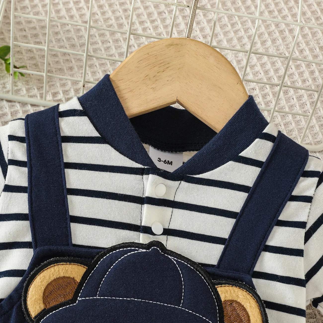 Baby Boy Cute Bear Graphic Stripe Panel Short-sleeve Jumpsuit Blue big image 1