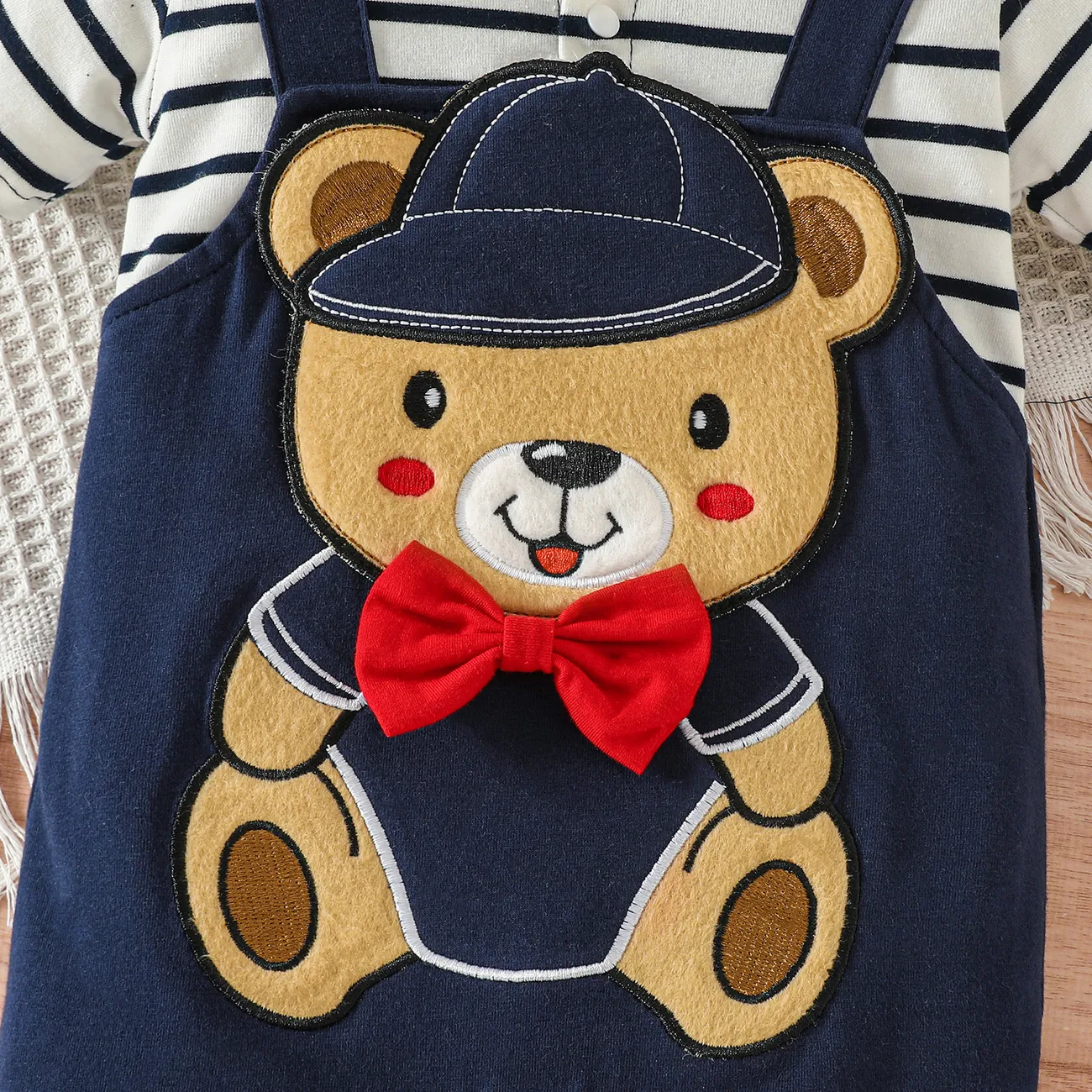 Baby Boy Cute Bear Graphic Stripe Panel Short-sleeve Jumpsuit Blue big image 1