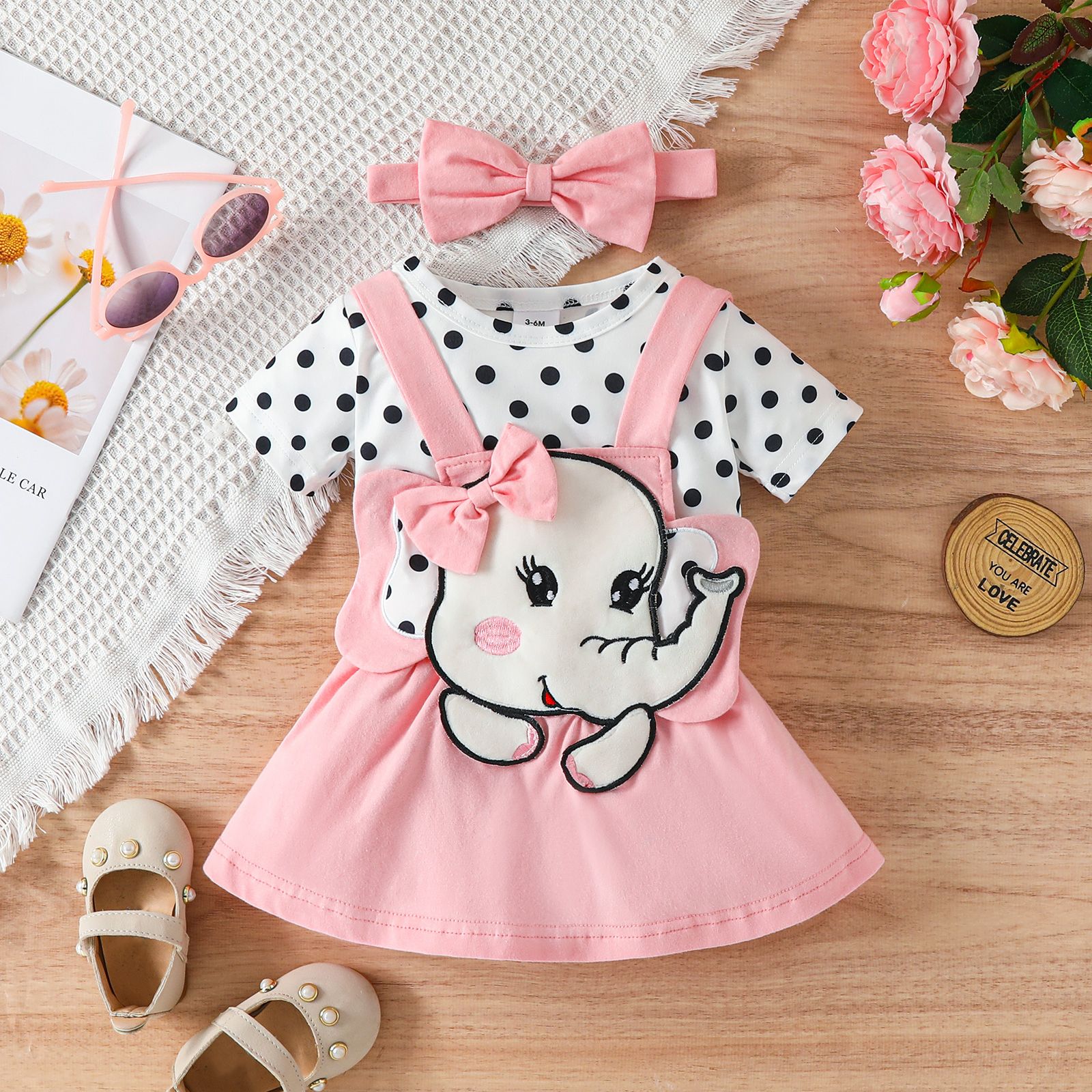 3pcs Baby Girl Allover Polka Dots Bodysuit And 95% Cotton Elephant Embroidered Strappy Dress & Headband Set