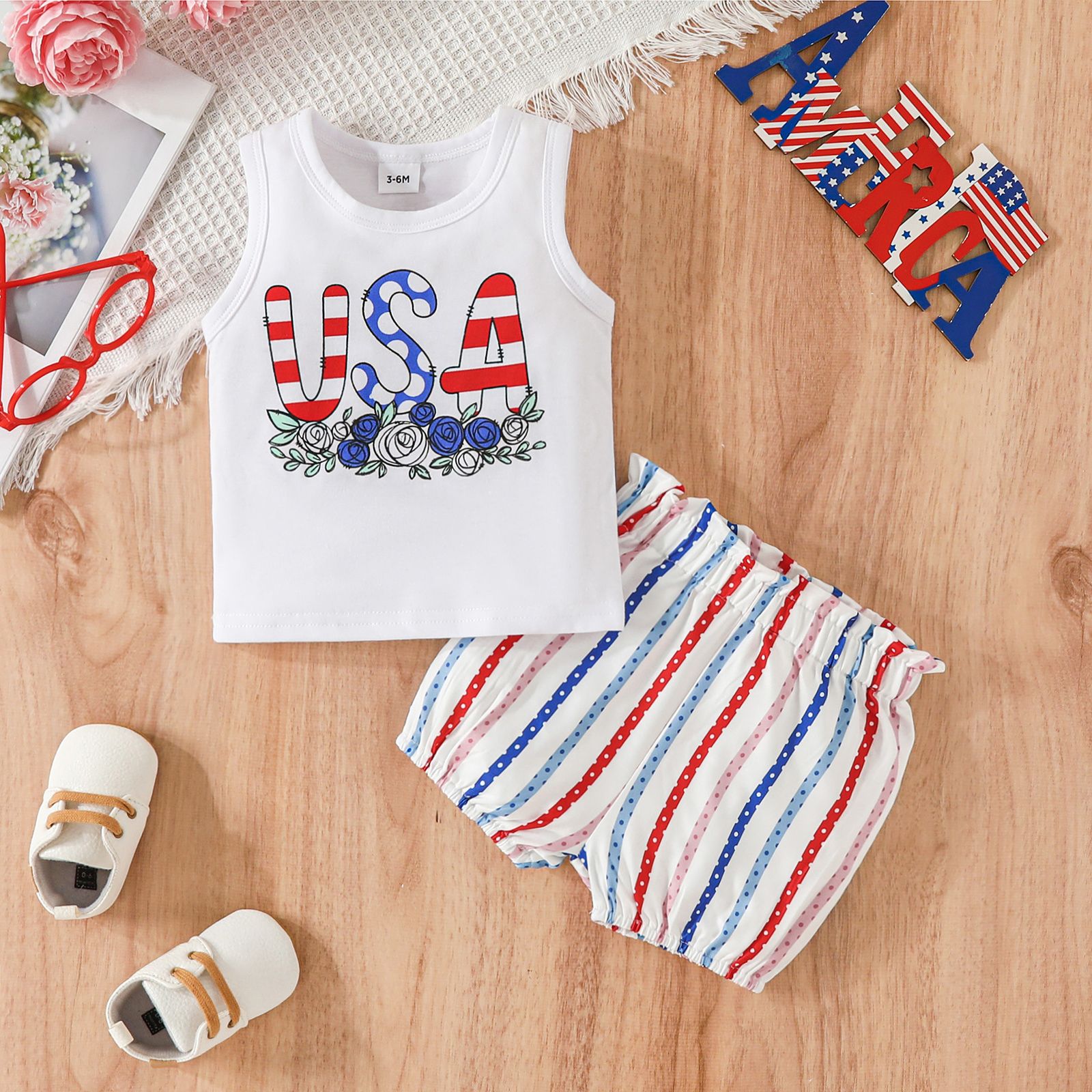 Independence Day 2pcs Baby Girl/Boy 95% Cotton Letter Floral Print Tank Top And Striped Shorts Set