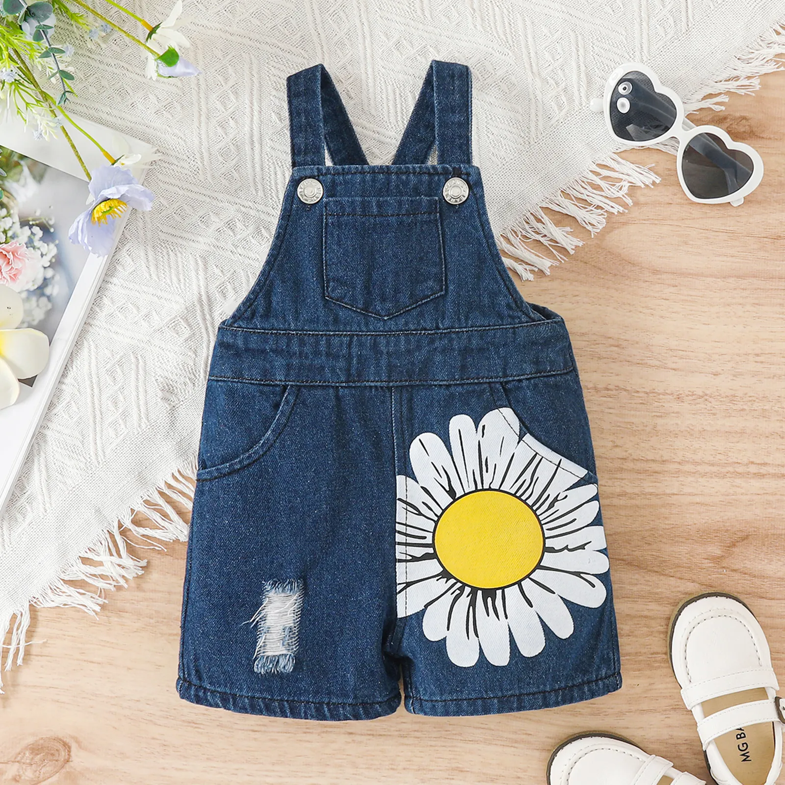 Baby Girl 100% Cotton Daisy Print Denim Overall Romper