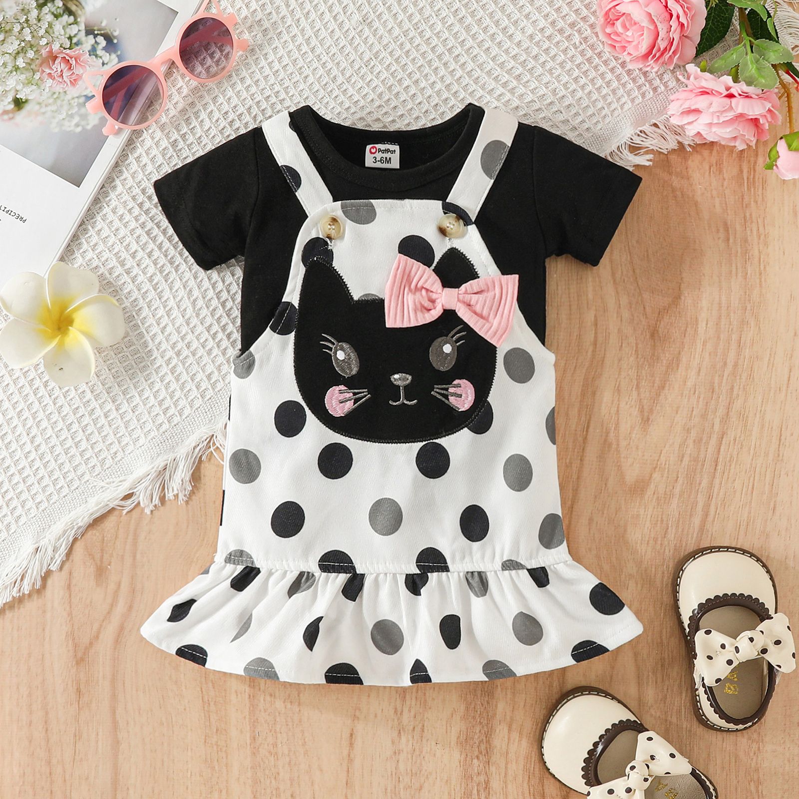 

2pcs Baby Girl 95% Cotton Solid Short-sleeve Tee & Cat with Bow and Polka Dots Pattern Strappy Dress Set