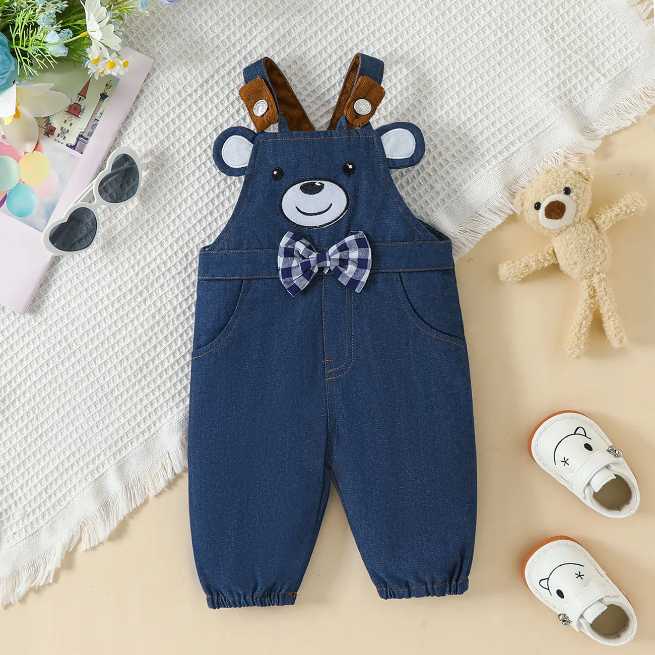 Baby Boy 100% Cotton Bear Embroidery Bow Decor Denim Overalls  Blue big image 1