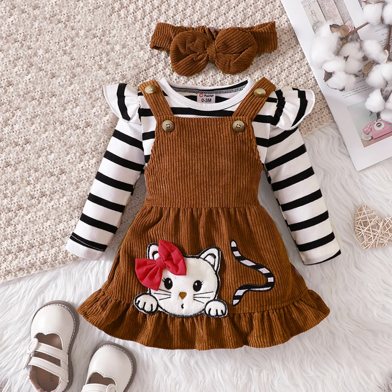 3pcs Baby Girl Stripe Ruffle Long-sleeve Romper and Cat Embroidery Buttons Ribbed Strappy Ruffle Skirt & Headband Set Brown big image 1