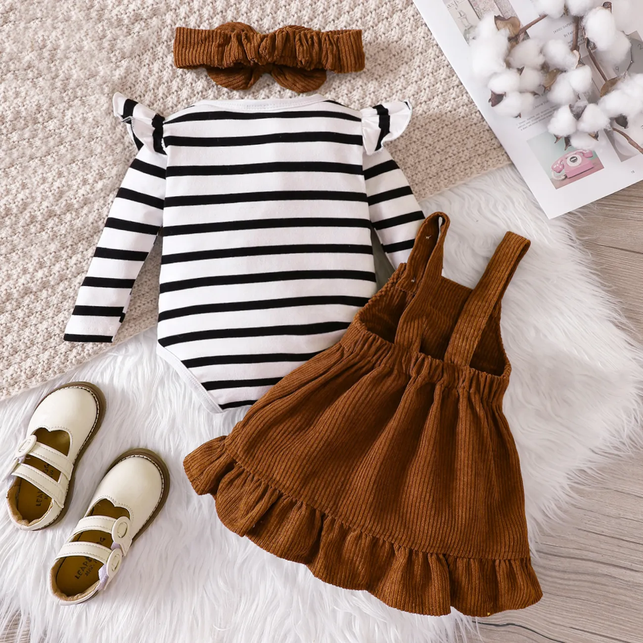 3pcs Baby Girl Stripe Ruffle Long-sleeve Romper and Cat Embroidery Buttons Ribbed Strappy Ruffle Skirt & Headband Set Brown big image 1