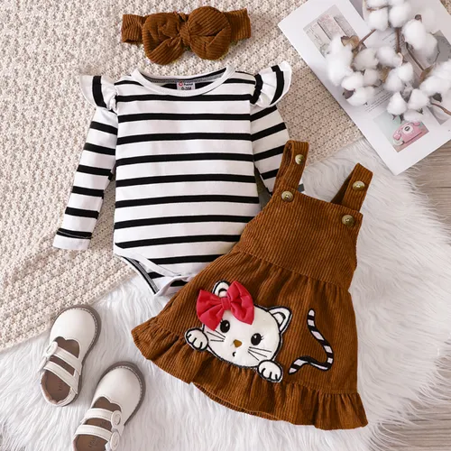3pcs Baby Girl Stripe Ruffle Long-sleeve Romper and Cat Embroidery Buttons Ribbed Strappy Ruffle Skirt & Headband Set