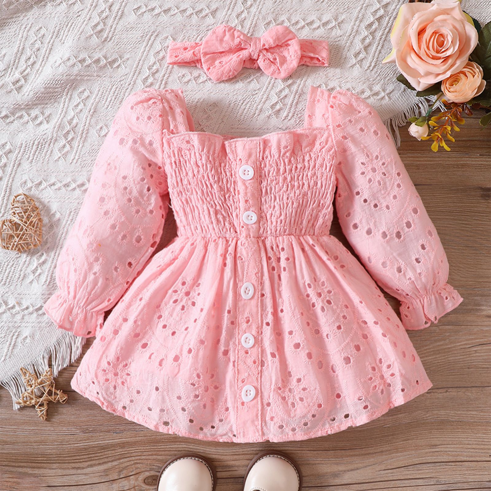 

2pcs Baby Girl 98% Cotton Button Front Long-sleeve Eyelet Embroidery Smocked Dress with Headband
