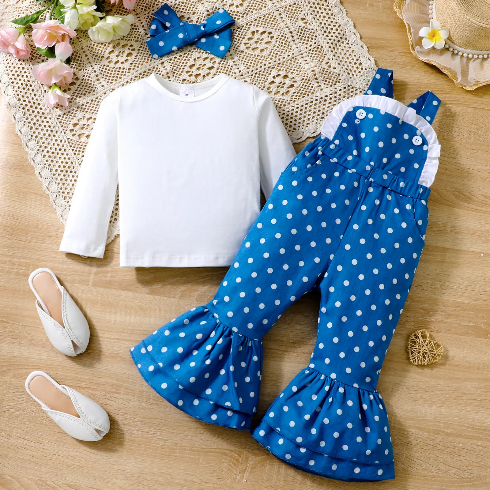 

3pcs Toddler Girl 95% Cotton Polka Dots Flared Overalls and 97% Cotton Long-sleeve Solid Tee & Headband Set