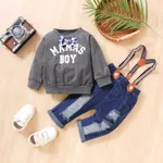 2pcs Baby Boy Letters Graphic Bow Decor Long-sleeve Top and 98% Cotton Ripped Denim Overalls Set  image 2