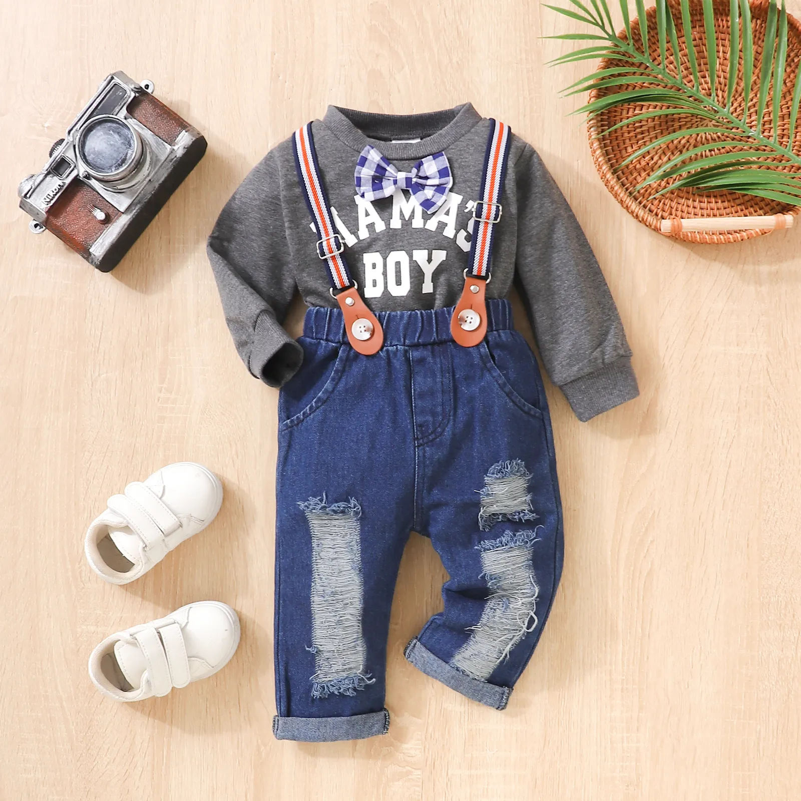 2pcs Baby Boy Letters Graphic Bow Decor Long-sleeve Top And 98% Cotton Ripped Denim Overalls Set