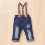 2pcs Baby Boy Letters Graphic Bow Decor Long-sleeve Top and 98% Cotton Ripped Denim Overalls Set  image 6
