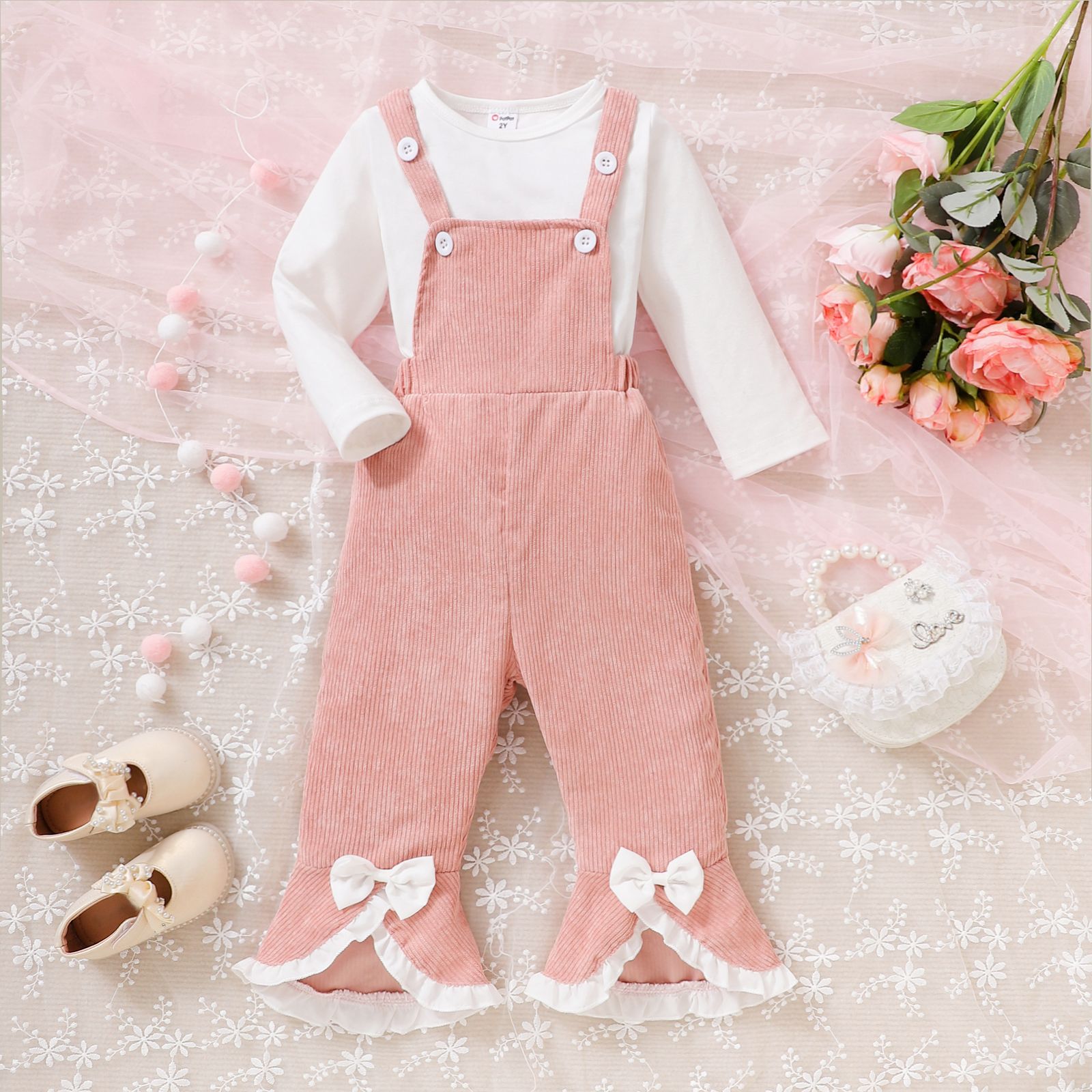 

2pcs Toddler Girl Bow Decor Flare Leg Overall Jumpsuit and Long-sleeve Top Set