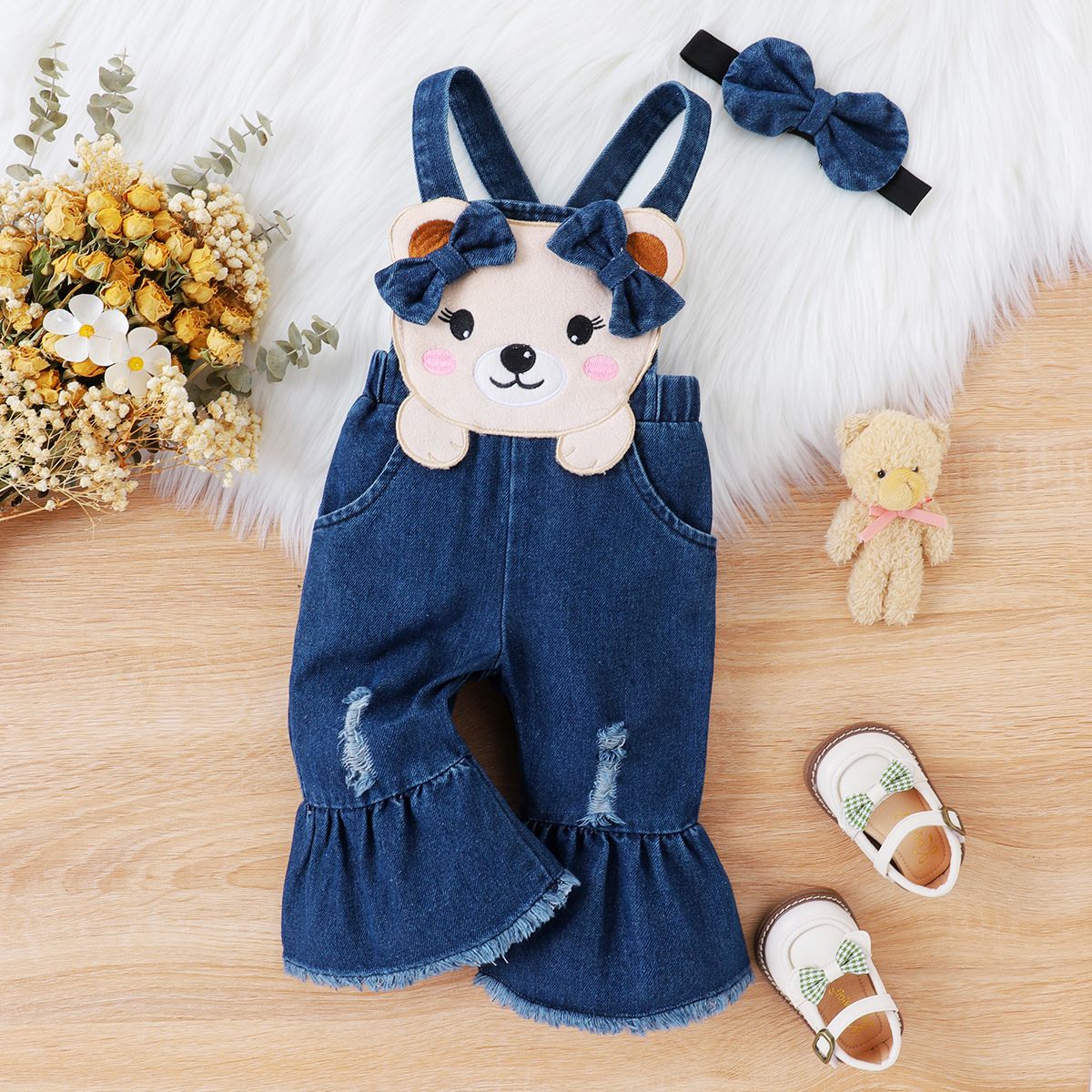 Baby Girl Ruffled Rib-knit Top and Denim 3D Bear Pattern Flared Overalls Set