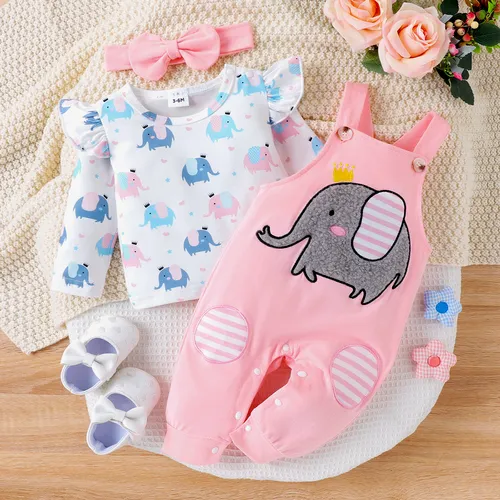 3件 嬰兒 女 立體造型 大象 甜美 長袖 嬰兒套裝