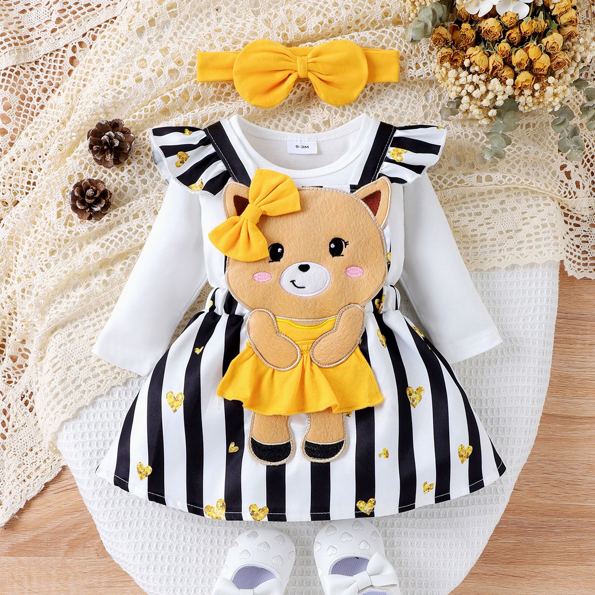Baby Girl 2pcs Faux-two Stripe Pattern Bear Embroidered Romper And Headband Set/ Shoes