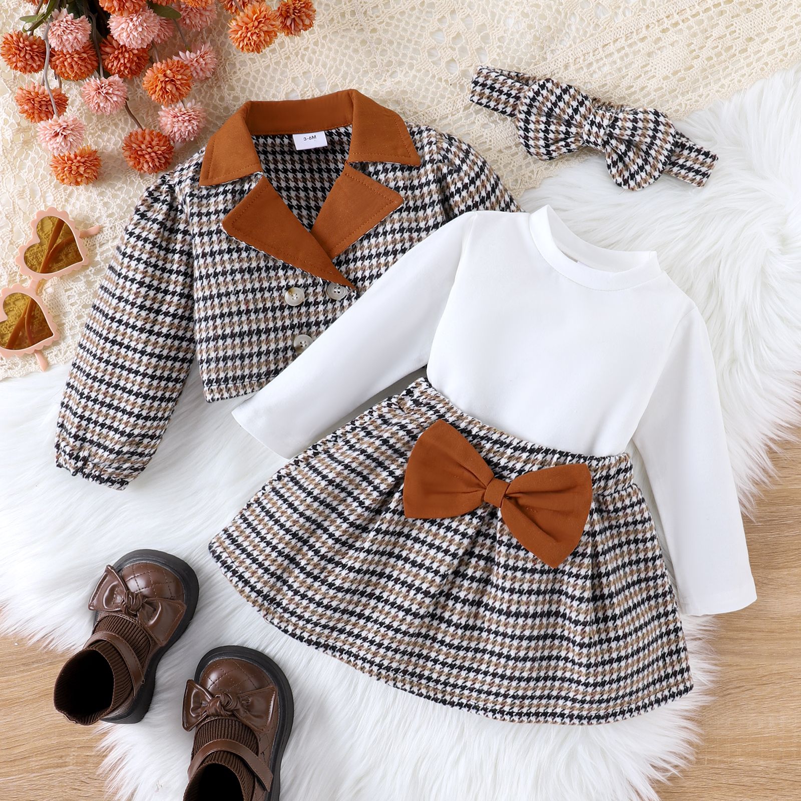

4PCS Girls' Bow Design Sweet Grid Long Sleeves Dress Set