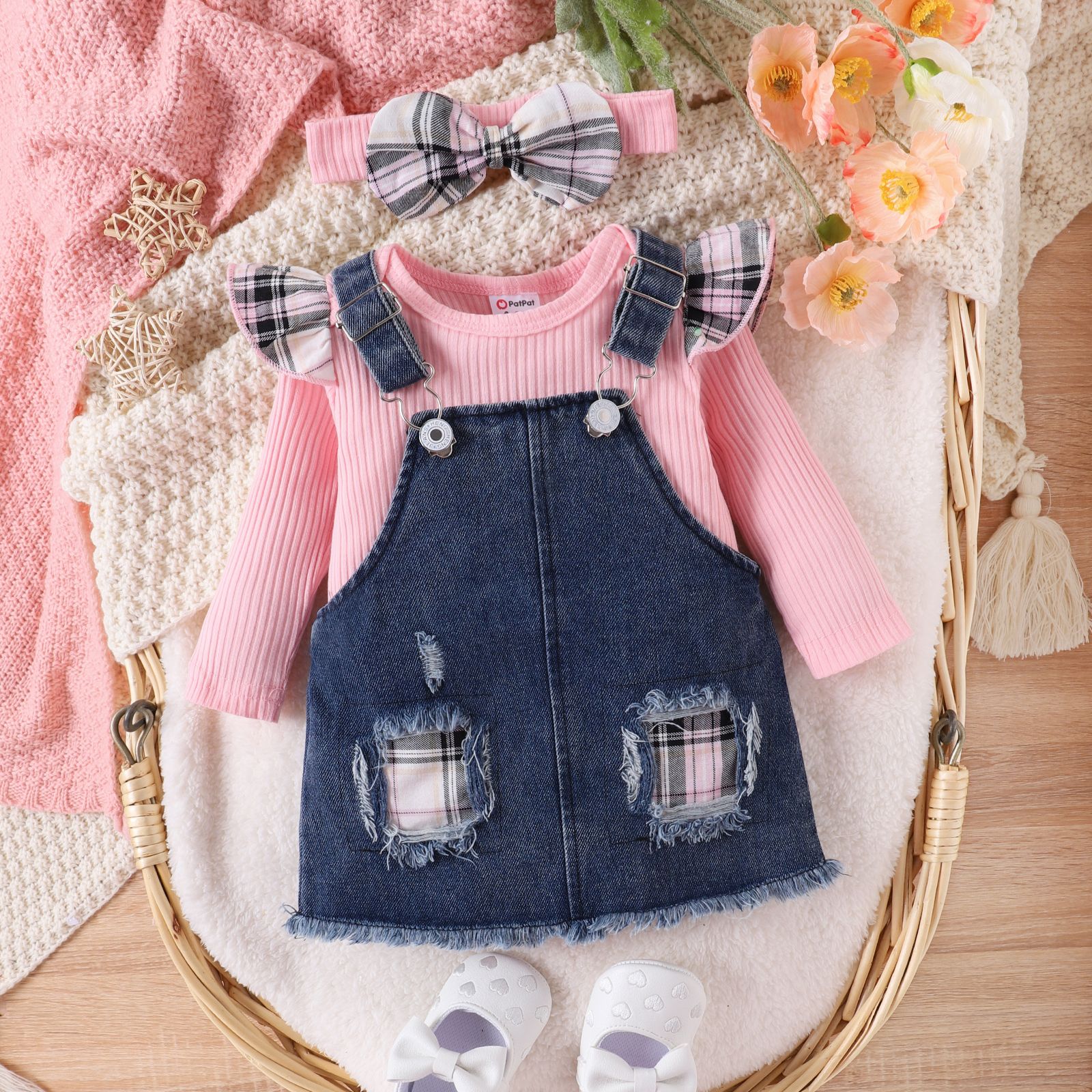 3 Pièces Baby Girl Sweet Distressed Denim Patches Dress Sets