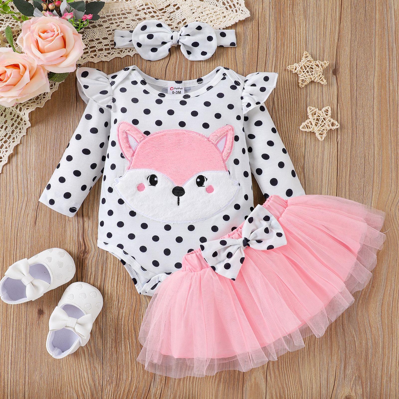 

3PCS Baby Girl Sweet 3D Animal Fox Applique Embroidery Design Dress Set