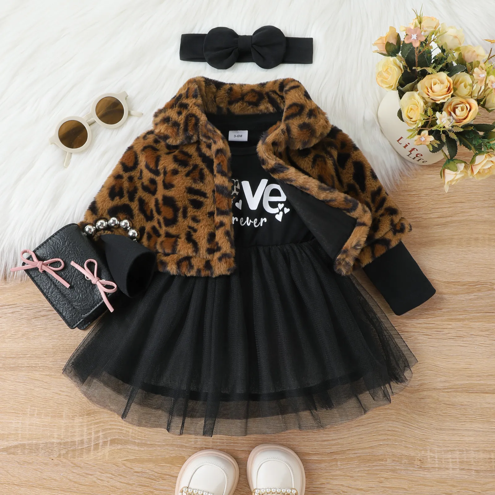 3 unidades Bebé Cuello de solapa Estampado de leopardo Dulce Manga larga Traje de falda