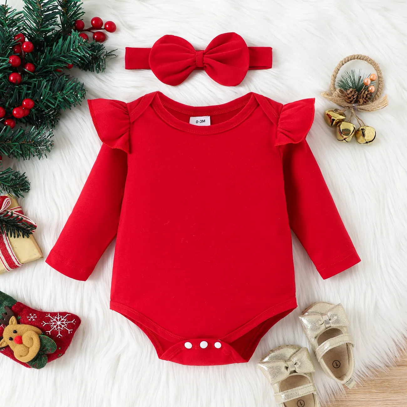 Weihnachten 3 Stück Baby Rüschenrand Süß Langärmelig Kostümrock rot big image 1