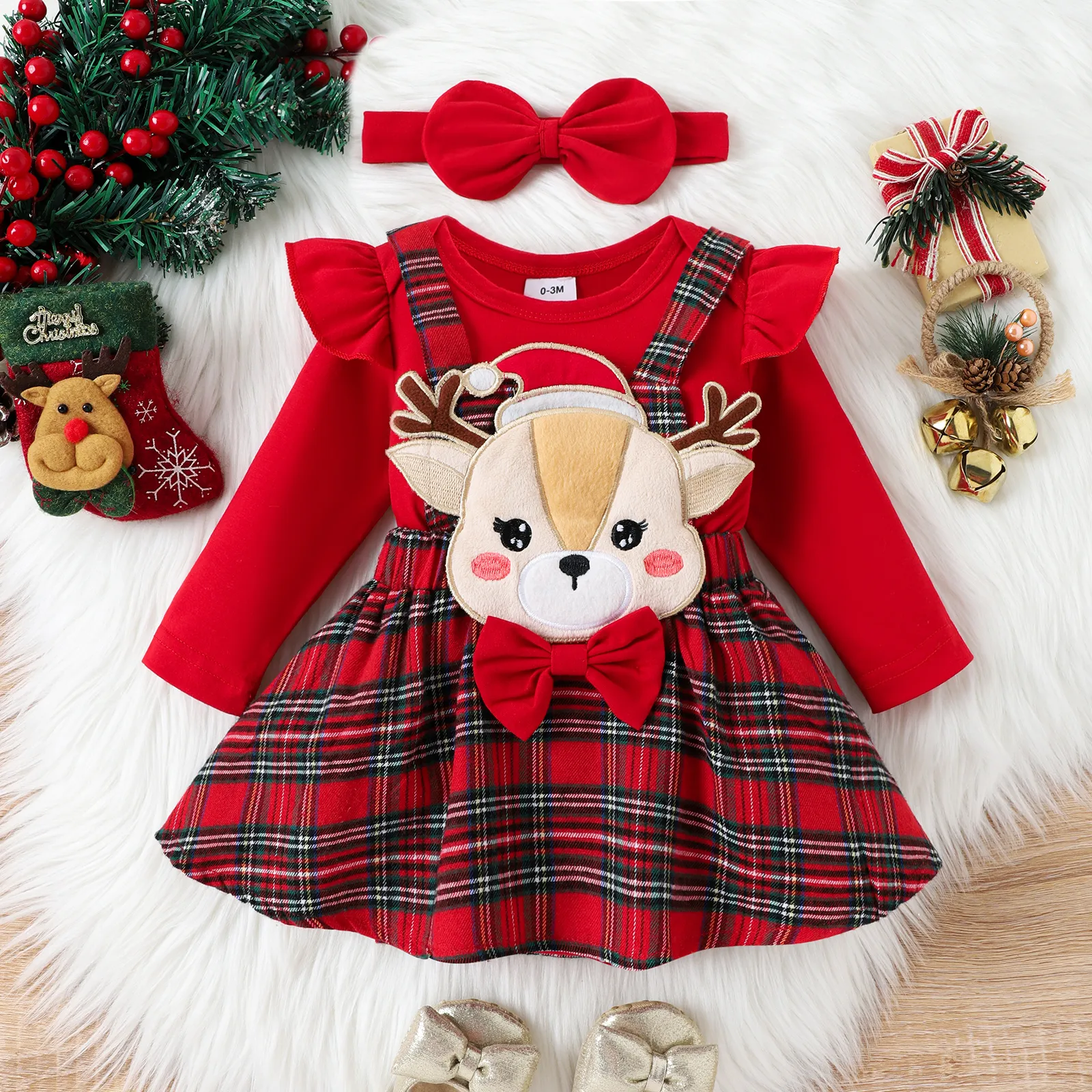 Navidad 3 unidades Bebé Volantes Dulce Manga larga Traje de falda  big image 1