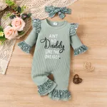 2pcs Baby Girl Letter Print Pink Ribbed Long-sleeve Splicing Leopard Ruffle Jumpsuit with Headband Set Green