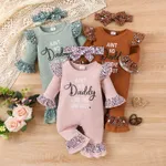 2pcs Baby Girl Letter Print Pink Ribbed Long-sleeve Splicing Leopard Ruffle Jumpsuit with Headband Set Pink image 2