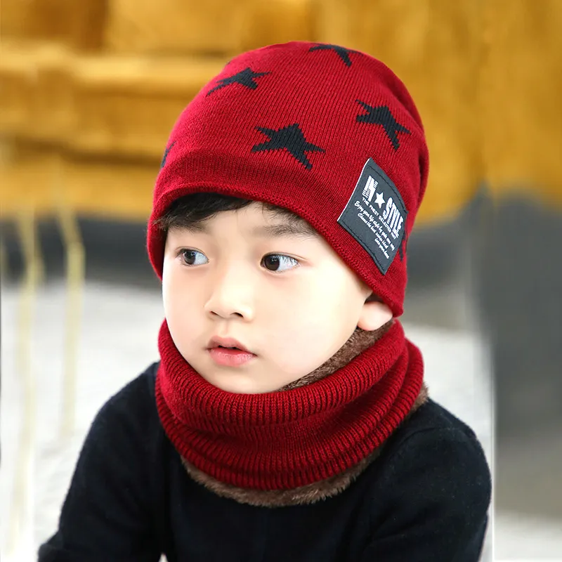 Toddler / Kid Stars Fleece Knitted Beanie Hat and Scarf Set Red big image 1