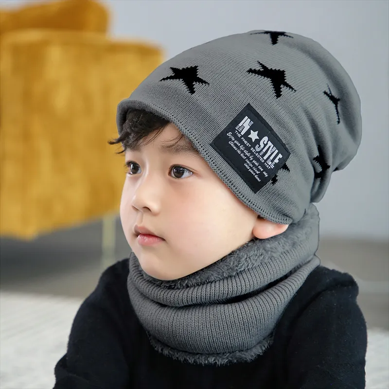 Toddler / Kid Stars Fleece Knitted Beanie Hat and Scarf Set Grey big image 1