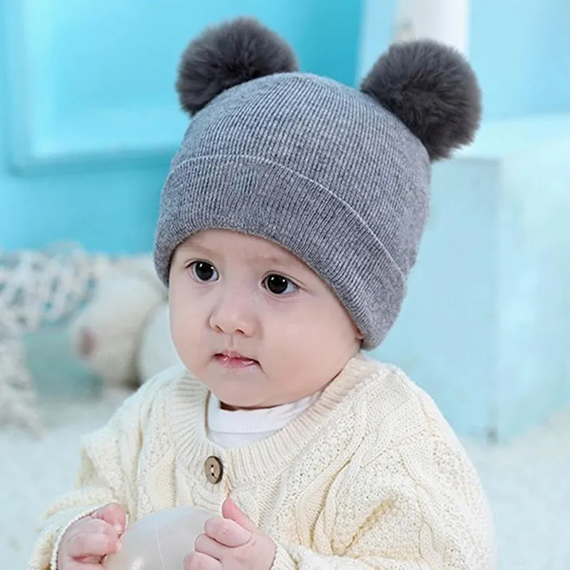Baby / Toddler Solid Pompon Knitted Beanie Hat Grey big image 1