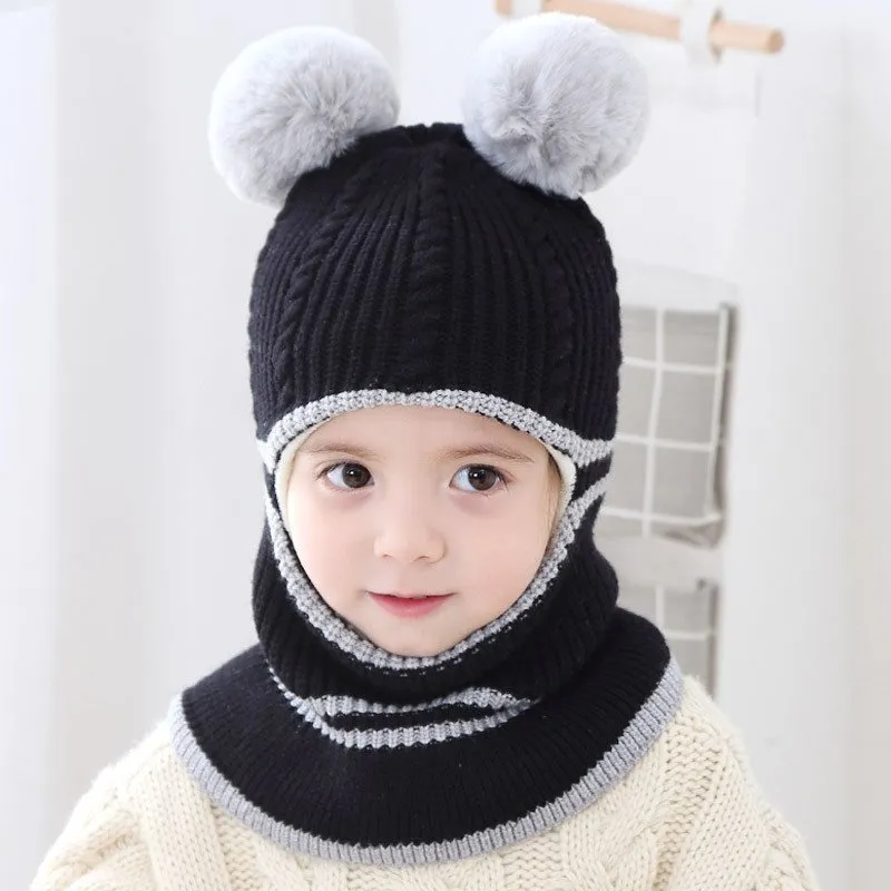 Toddler Winter Knitted Woolen Beanie One-piece Hair Ball(Random decorative balls) Black