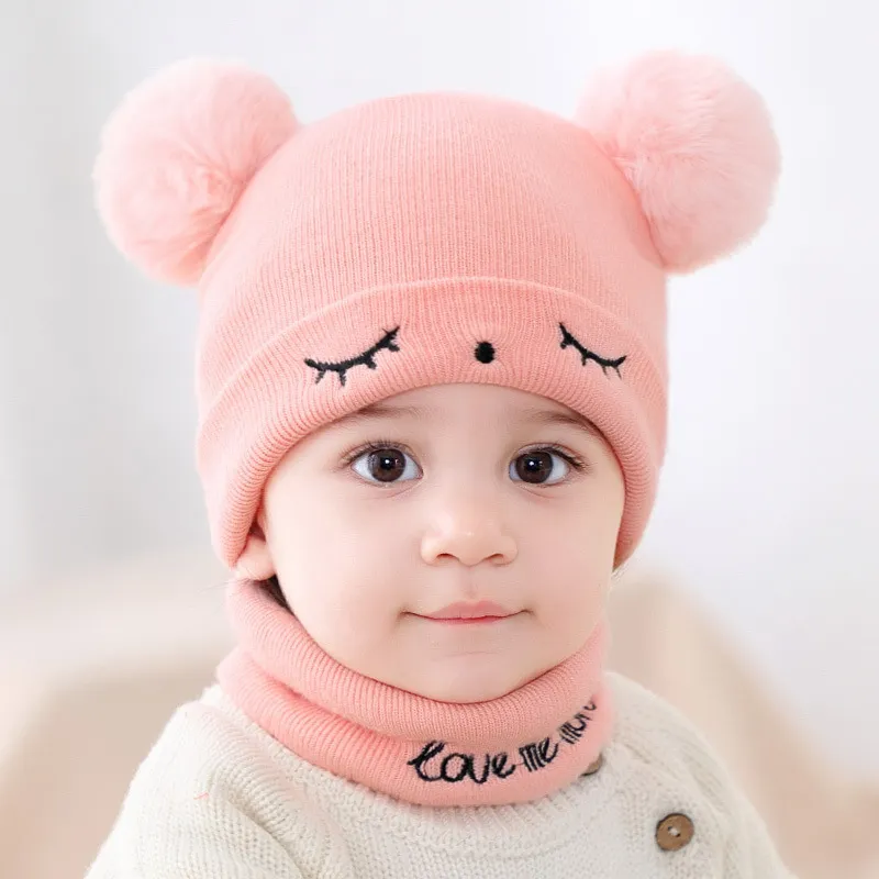 2-pack Baby / Toddler Double Pompon Letter Print Knit Beanie Hat and Scarf Set Pink big image 1