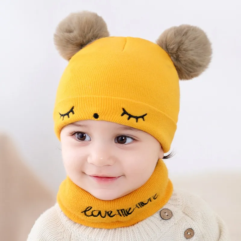 Lot de 2 bonnets et écharpe en tricot à double pompon pour bébé/tout-petit Jaune big image 1