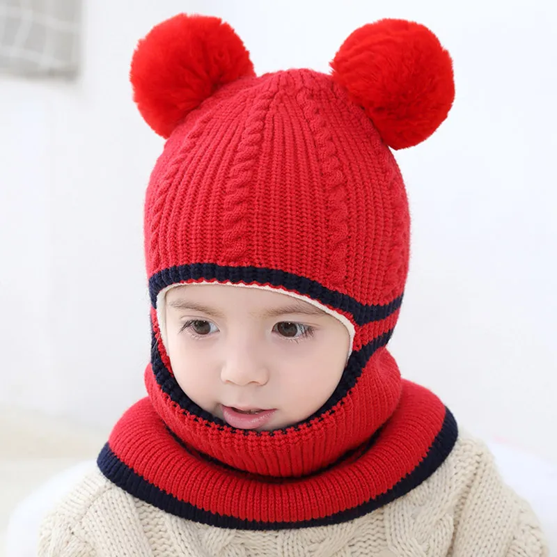 Bola de cabelo de uma peça de gorro de lã de malha de inverno para criança (bolas decorativas aleatórias) Vermelho big image 1
