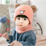 Baby Cute Pattern Pom Pom Decor Beanie Hat & Infinity Scarf Pink