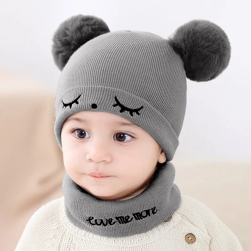 Set da 2 berretti e sciarpa in maglia con doppio pompon per neonato/bambino Grigio big image 1