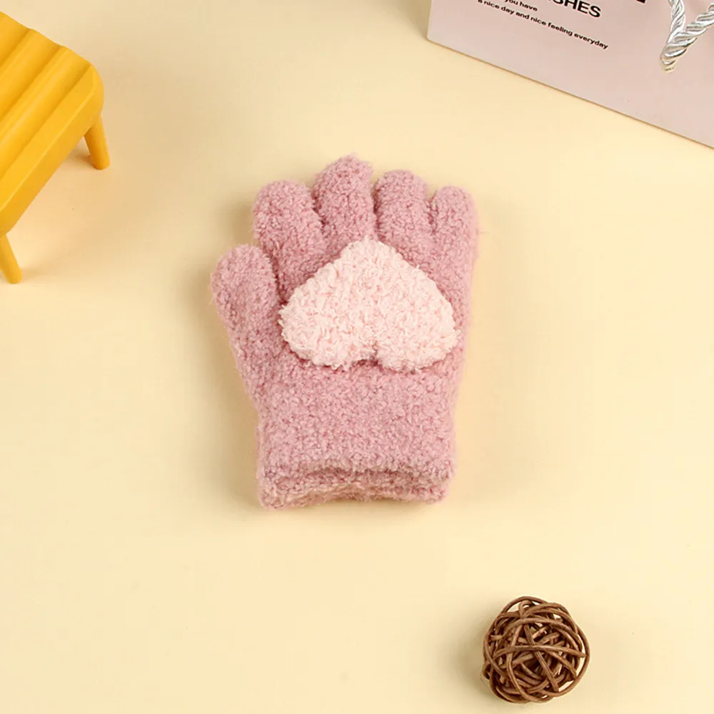 Baby/Kleinkind Einfarbige Liebe Winter warme dicke Fünf-Finger-Handschuhe für Mädchen Fuchsie big image 1