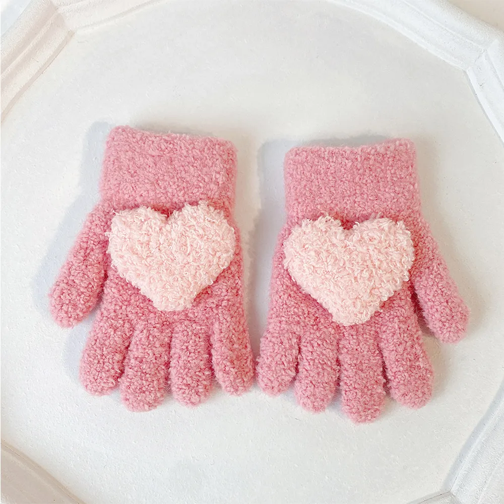 Bébé / tout-petit Couleur unie amour hiver chaud épais gants à cinq doigts pour fille Rose Vif big image 1