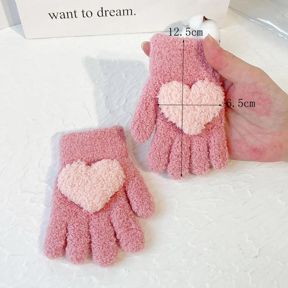 Bébé / tout-petit Couleur unie amour hiver chaud épais gants à cinq doigts pour fille Rose Vif big image 1
